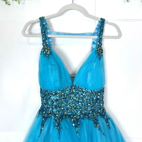 Sherri Hill Dress sz 4 Turquoise blue Sequins V Neck Mini Tulle Open Back Short - Picture 6 of 16